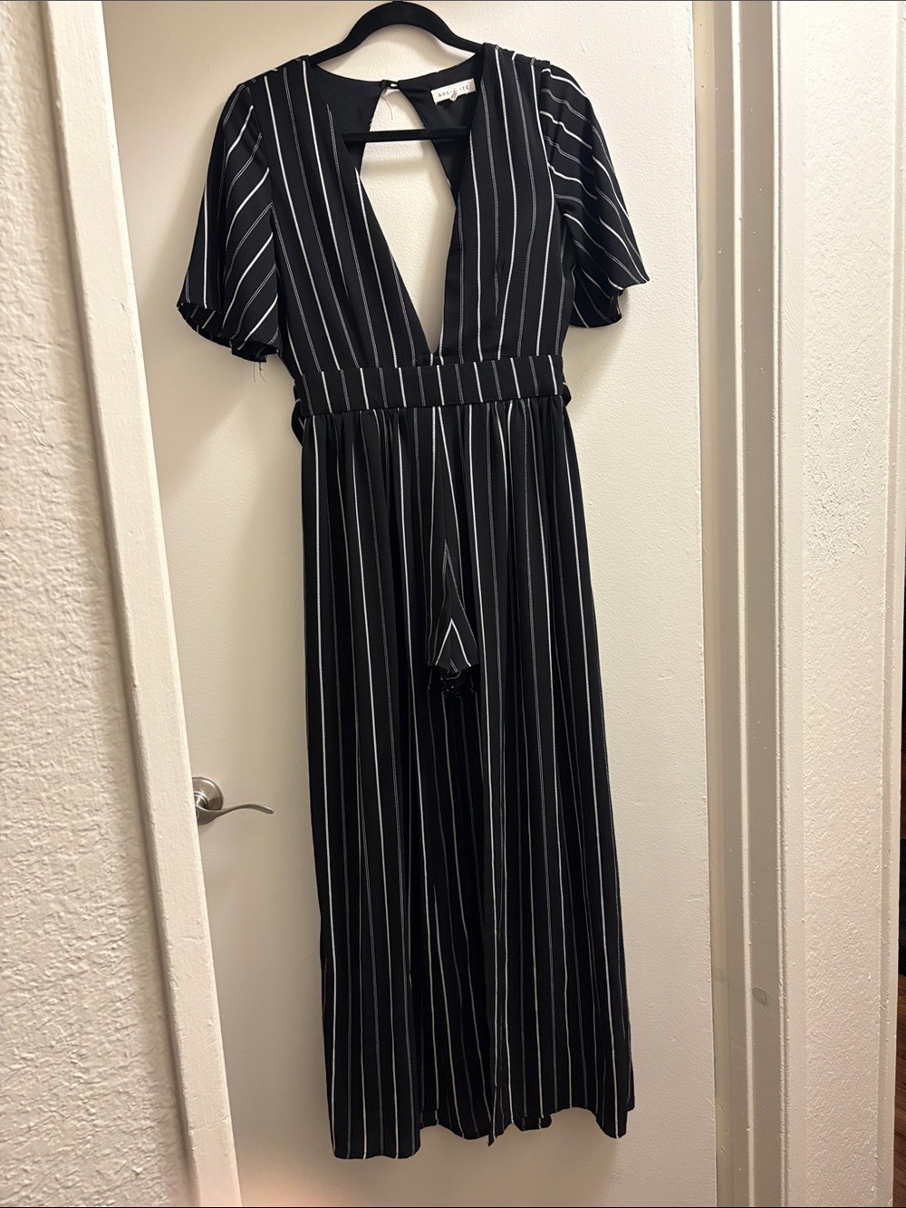 Black Pinstripe Short Romper Maxi Skirt with V-Neck